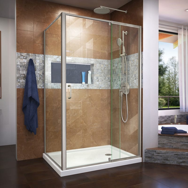 DreamLine Flex 36 in. D x 48 in. W x 74 3/4 in. H Pivot Shower Enclosure and Shower Base Kit - 36" x 48" - 36" x 48" - White Base - Right - Nickel Finish