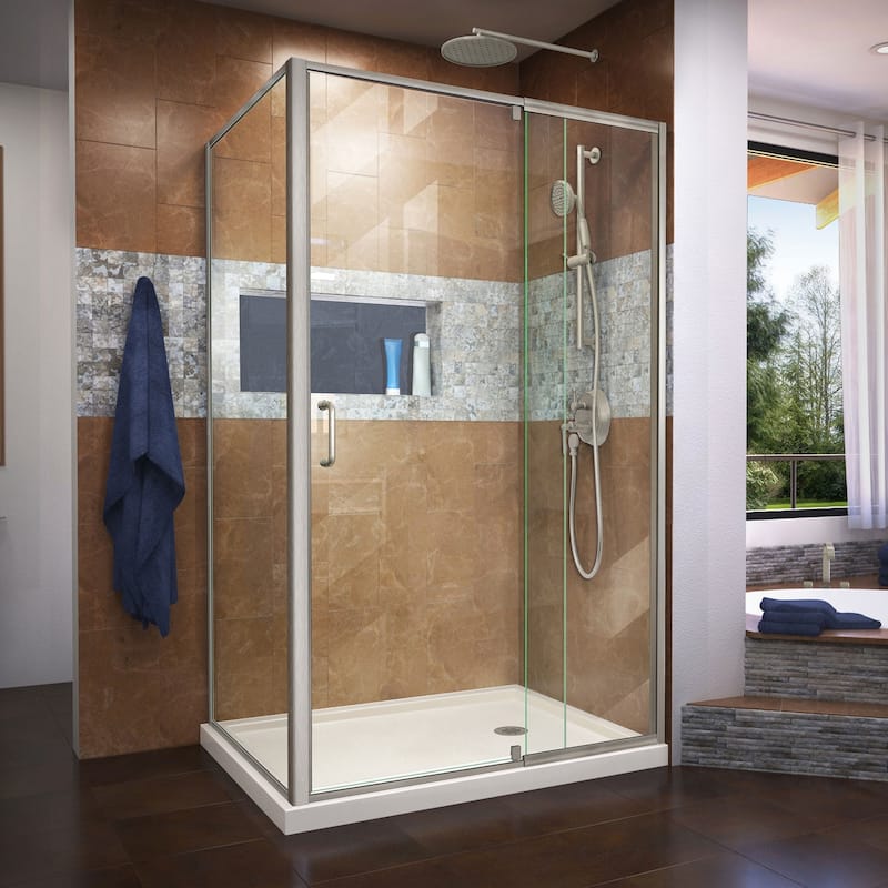 DreamLine Flex 36 in. D x 48 in. W x 74 3/4 in. H Pivot Shower Enclosure and Shower Base Kit - 36" x 48" - 36" x 48" - Biscuit Base - Right - Nickel Finish