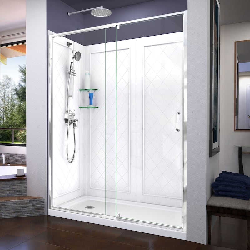 DreamLine Flex 32 in. D x 60 in. W x 76 3/4 in. H Pivot Shower Door, Shower Base and Backwall Kit - 32" x 60" - 32" x 60" - Chrome Finish - Left