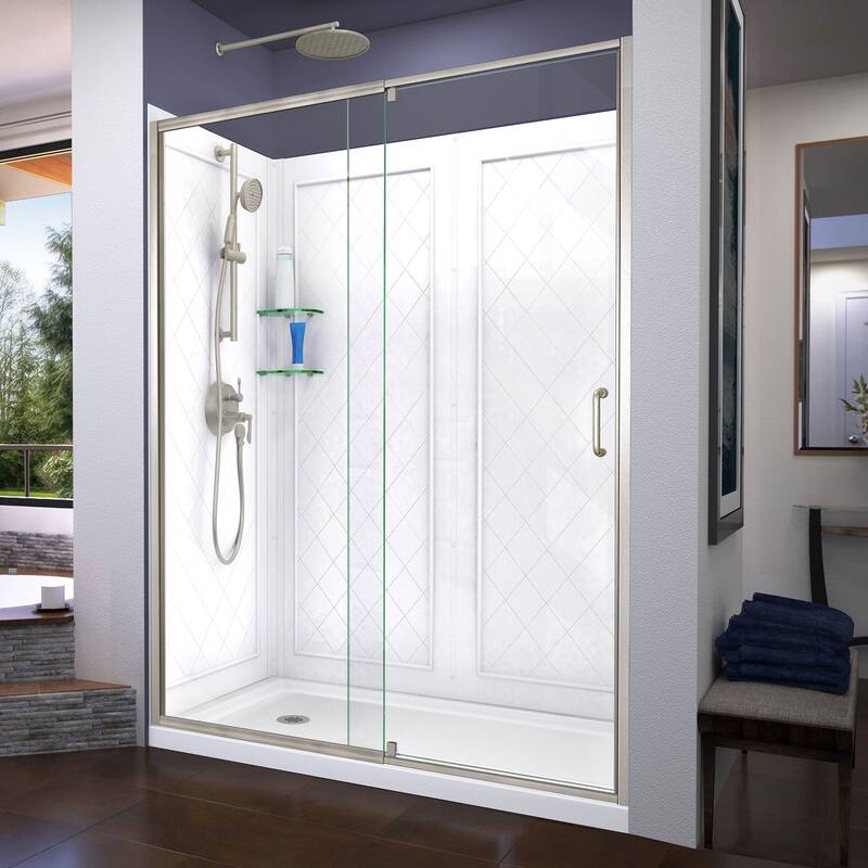 DreamLine Flex 34 in. D x 60 in. W x 76 3/4 in. H Pivot Shower Door, Shower Base and Backwall Kit - 34" x 60" - 34" x 60" - Brushed Nickel Finish - Left