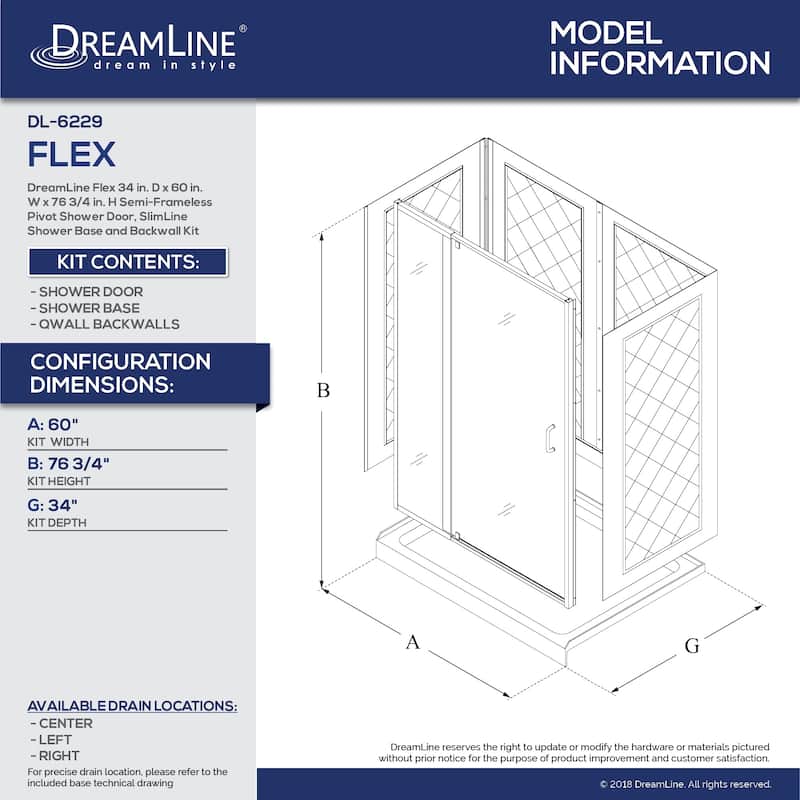 DreamLine Flex 34 in. D x 60 in. W x 76 3/4 in. H Pivot Shower Door, Shower Base and Backwall Kit - 34" x 60" - 34" x 60"