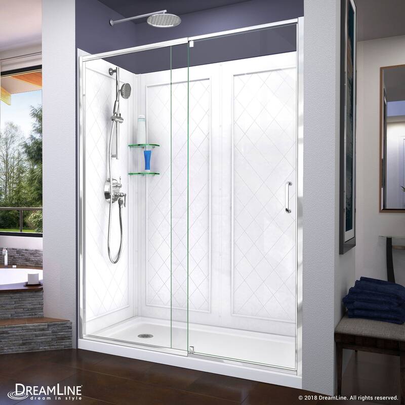 DreamLine Flex 34 in. D x 60 in. W x 76 3/4 in. H Pivot Shower Door, Shower Base and Backwall Kit - 34" x 60" - 34" x 60"