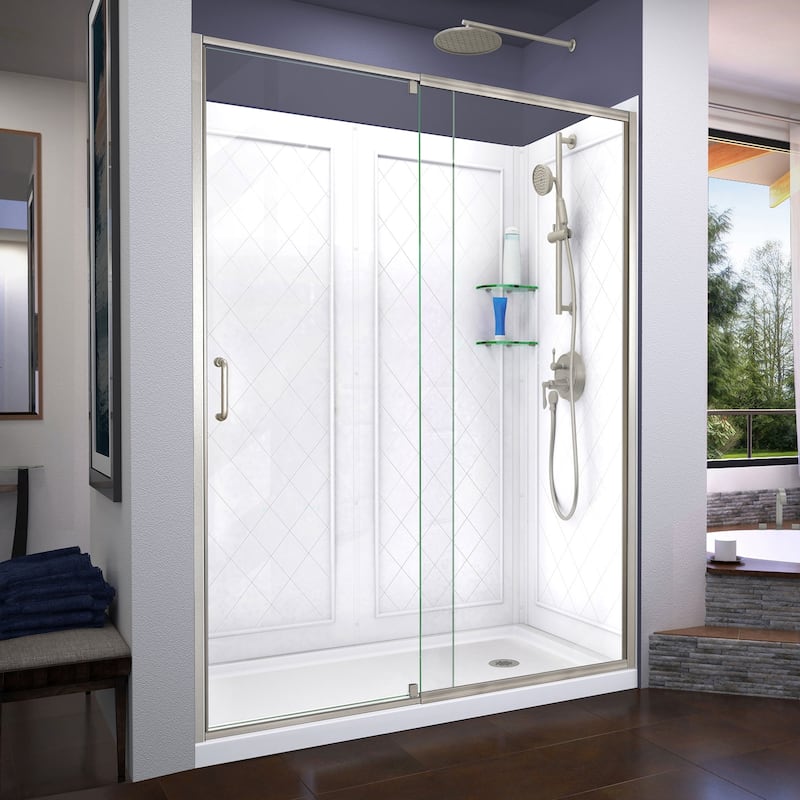 DreamLine Flex 36 in. D x 60 in. W x 76 3/4 in. H Pivot Shower Door, Shower Base and Backwall Kit - 36" x 60" - 36" x 60" - Brushed Nickel Finish - Right