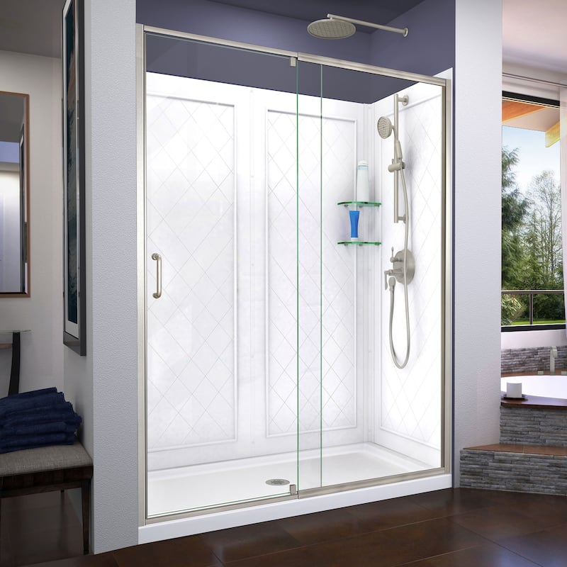 DreamLine Flex 36 in. D x 60 in. W x 76 3/4 in. H Pivot Shower Door, Shower Base and Backwall Kit - 36" x 60" - 36" x 60" - Brushed Nickel Finish - Center