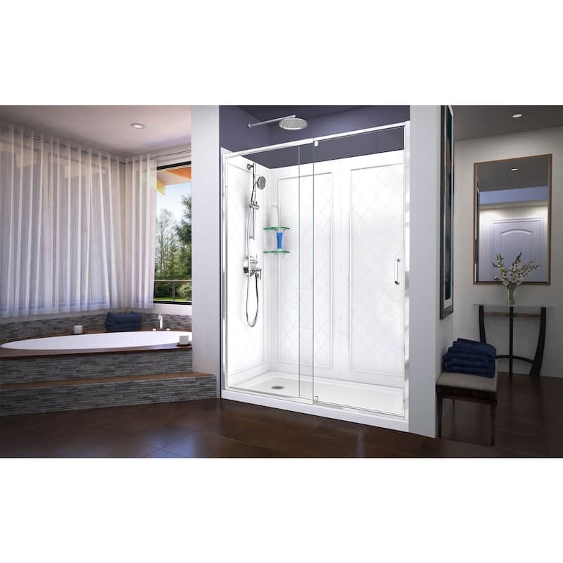 DreamLine Flex 36 in. D x 60 in. W x 76 3/4 in. H Pivot Shower Door, Shower Base and Backwall Kit - 36" x 60" - 36" x 60"