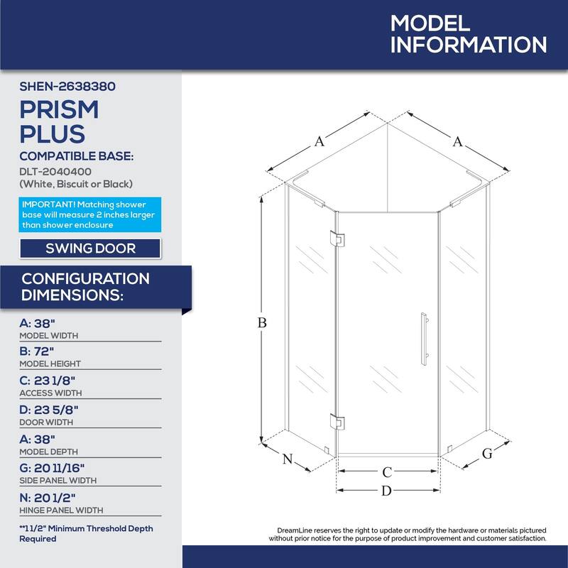 DreamLine Prism Plus 40 in. x 40 in. x 74 3/4 in. Hinged Shower Enclosure and Shower Base Kit - 40" x 40" - 40" x 40"