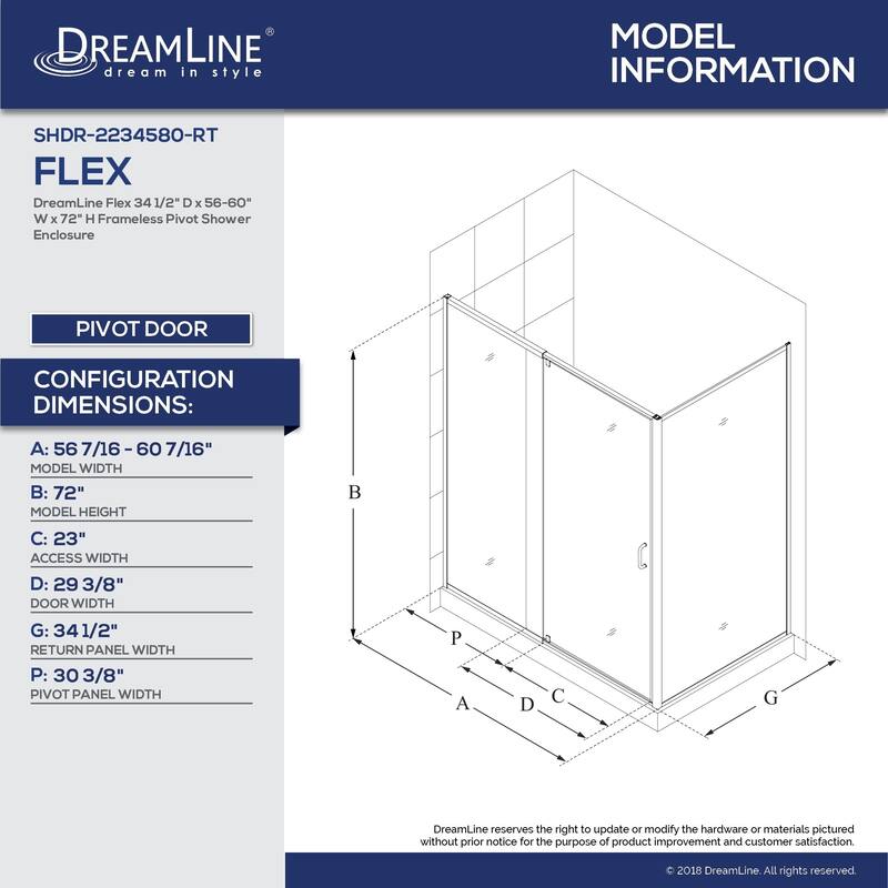 DreamLine Flex 34 1/2 in. D x 56-60 in. W x 72 in. H Semi-Frameless Pivot Shower Enclosure - 34.5" x 56.44" - 60.44"