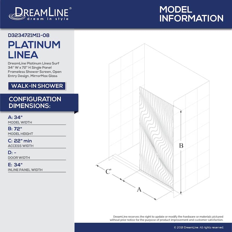 DreamLine Platinum Linea Surf 34 in. W x 72 in. H Single Panel Shower Screen - 34" W