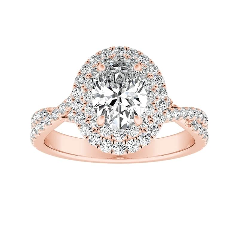 Twisted Oval Shape 3/4ctw Double Halo Diamond Engagement Ring 14k Gold by Auriya