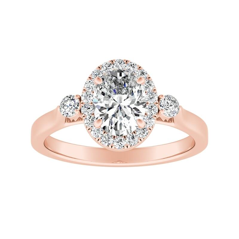 3-stone Halo Oval Diamond Engagement Ring 1/2ctw 14k Gold by Auriya - 4.5 - Rose