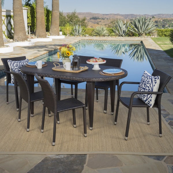 slide 2 of 8, Evan Outdoor 7-piece Oval Wicker Dining Set by Christopher Knight Home
