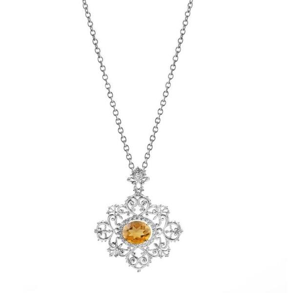 Sterling Silver Citrine White Topaz Diamond Swirl Halo Necklace Sterling Silver Citrine White Topaz Diamond Swirl Halo Necklace