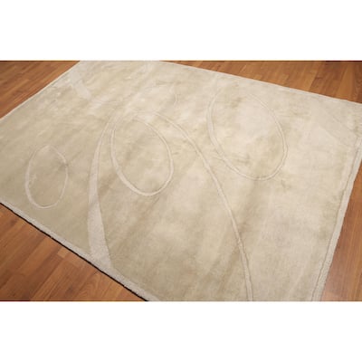 Beige Wool Abstract Transitional Boho Oriental Area Rug (6' x 9') - 6' x 9''