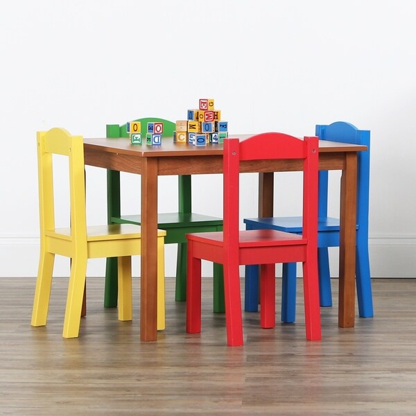 Highlight Collection Kids Wood Table & 4 Chairs Set, Dark Pine/Primary - Multi