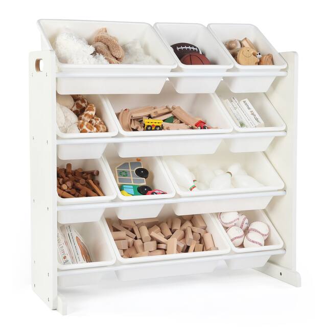 Cambridge Kids Toy Storage Organizer w/ 12 Plastic Bins, White/White