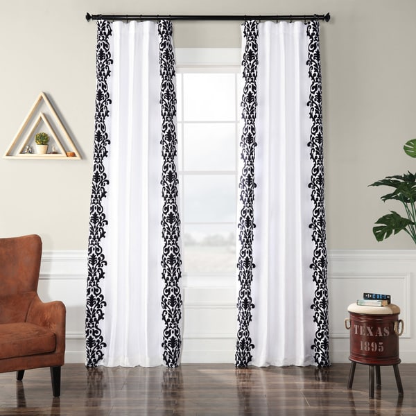 Exclusive Fabrics Castle White & Black Flocked Faux Silk Curtain