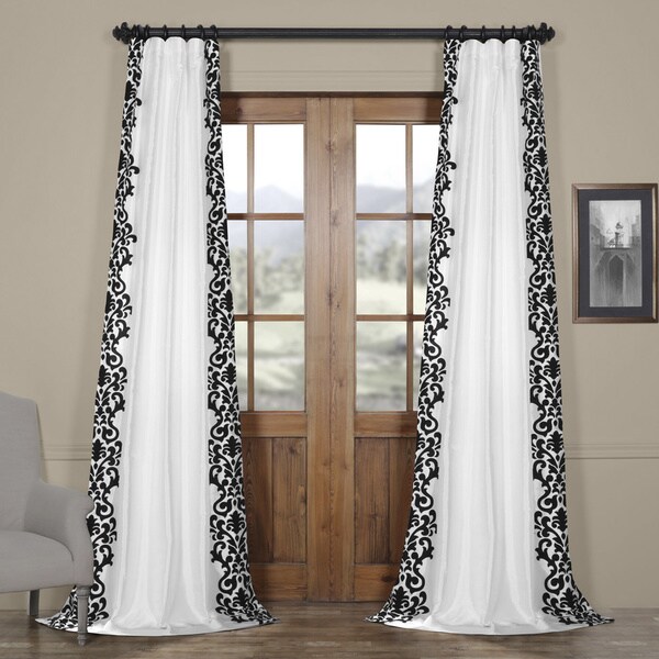 Exclusive Fabrics Castle White & Black Flocked Faux Silk Curtain