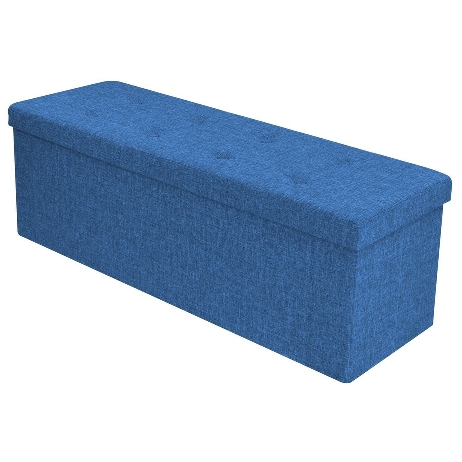 Storage Ottoman Bench – Collapsible/Folding Bench Chest with Cover, Contemporary Faux Linen (Blue)