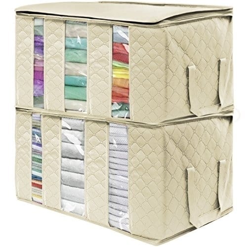 Foldable Fabric Storage Organizer Bag 3 Sectional (Pack of 2, Beige)