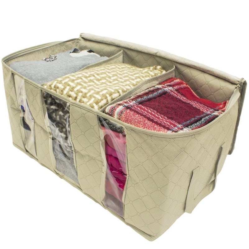 Foldable Fabric Storage Organizer Bag 3 Sectional (Pack of 2, Beige)
