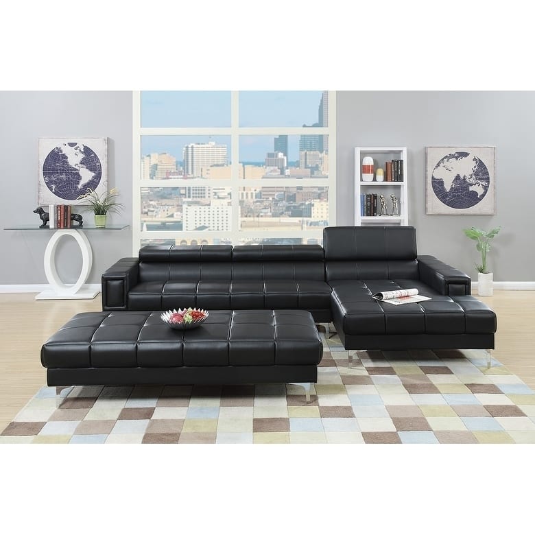 Bobkona Hayden Bonded Leather 2-Pcs Sectional Sofa Loveseat with Adjustable Back. Ottoman included - Left Facing/Right Facing - Bonded Leather/Metal - Black