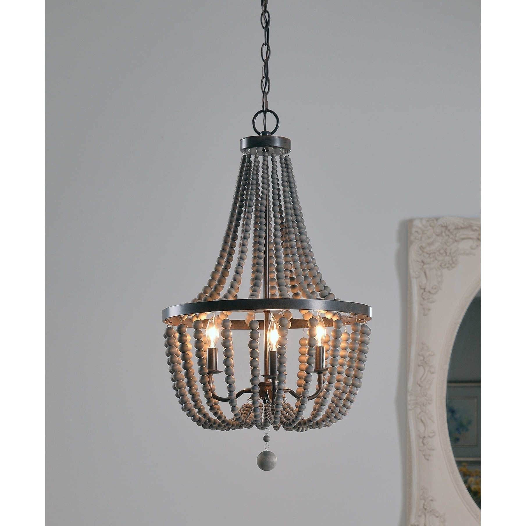 Zander Golden Bronze 3 Light Grey Wood Bead Chandelier - N/A - Chandeliers For Bedrooms by Overstock.com