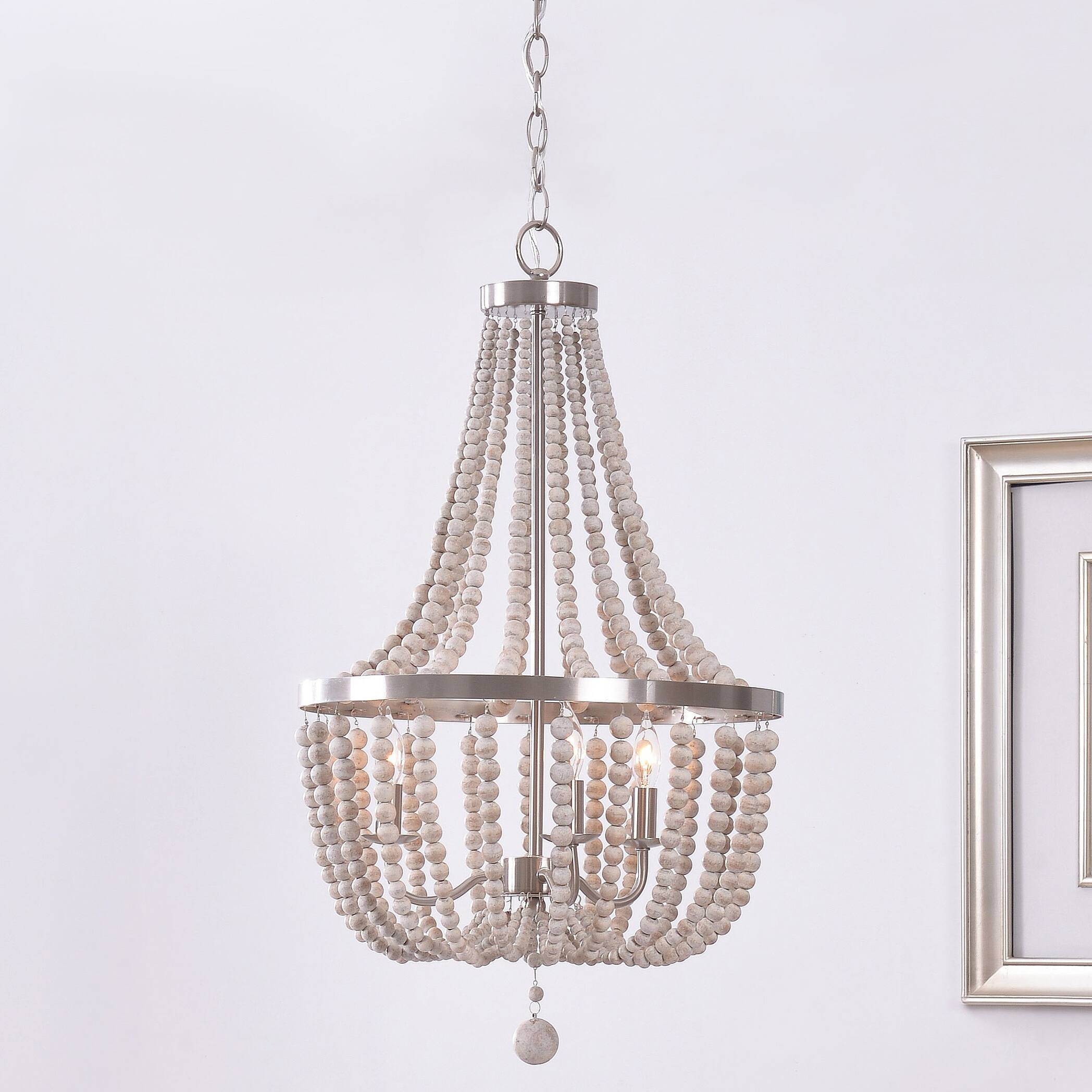 Zander Brushed Steel 3 Light White Wood Bead Chandelier - Chandeliers For Bedrooms by Overstock.com