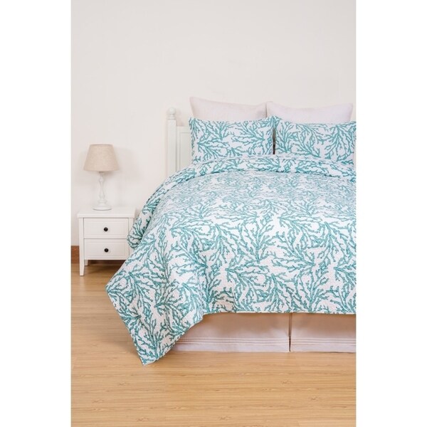 Turquoise /& Coral Tropical Beach Damask Full Queen Quilt /& Shams Bedding Set