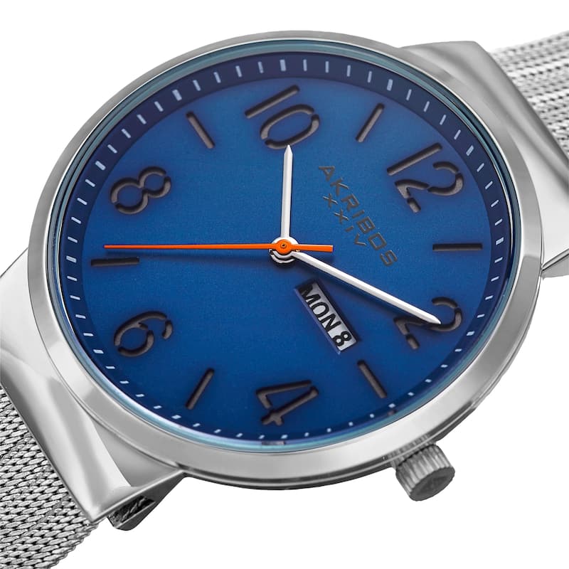 Akribos XXIV Men's Date Stencil Style Silver-Tone Mesh Bracelet Watch