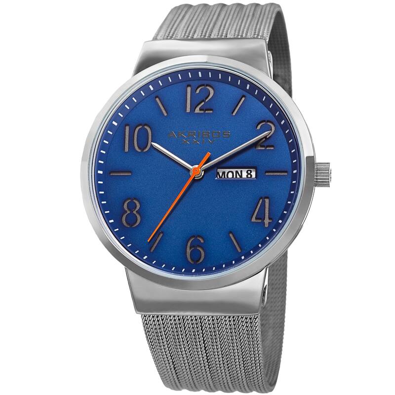 Akribos XXIV Men's Date Stencil Style Silver-Tone Mesh Bracelet Watch