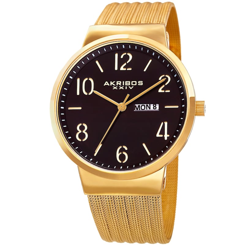 Akribos XXIV Men's Date Stencil Style Gray Mesh Bracelet Watch - Black - Gold-Tone - Gold-Tone