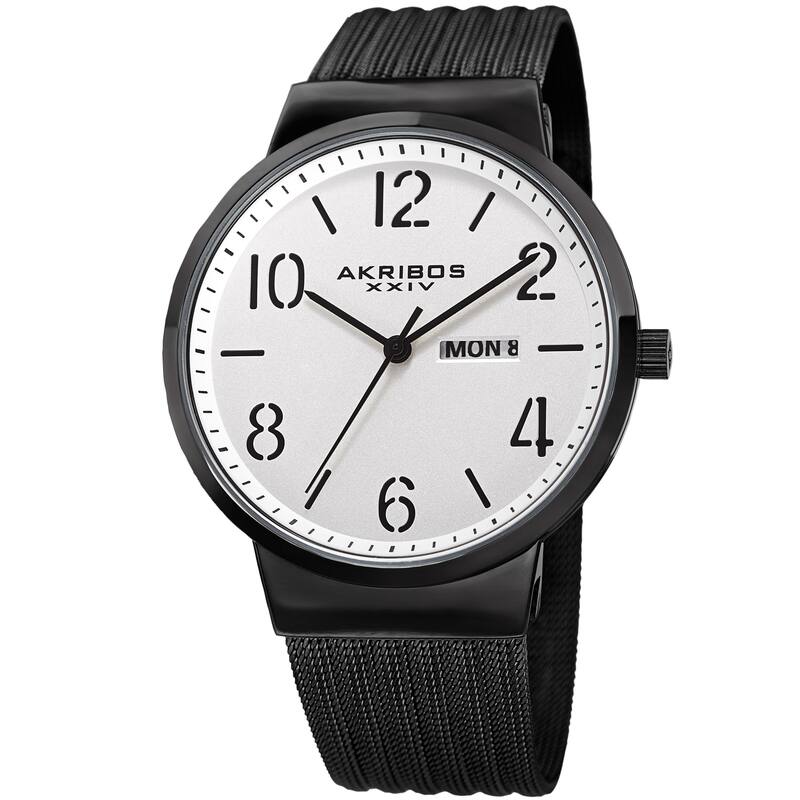 Akribos XXIV Men's Date Stencil Style Gray Mesh Bracelet Watch - White - Black - Black