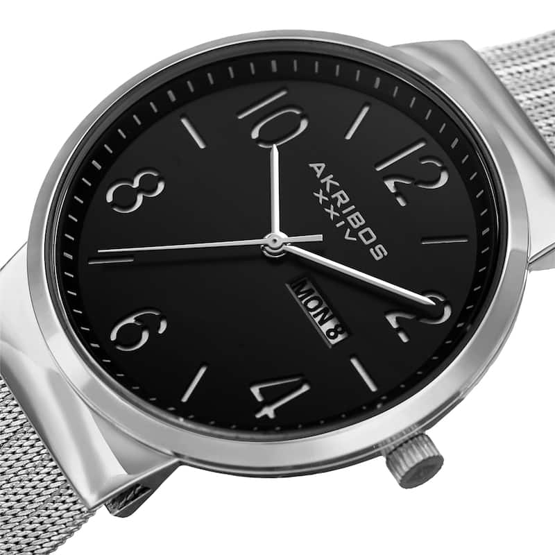 Akribos XXIV Men's Date Stencil Style Silver-Tone Mesh Bracelet Watch