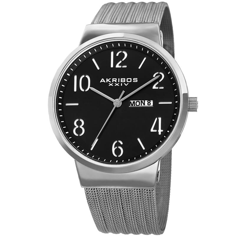 Akribos XXIV Men's Date Stencil Style Silver-Tone Mesh Bracelet Watch