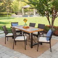 Laguna Outdoor 7-Piece Rectangle Wicker Wood Dining Set with Cushions by Christopher Knight Home