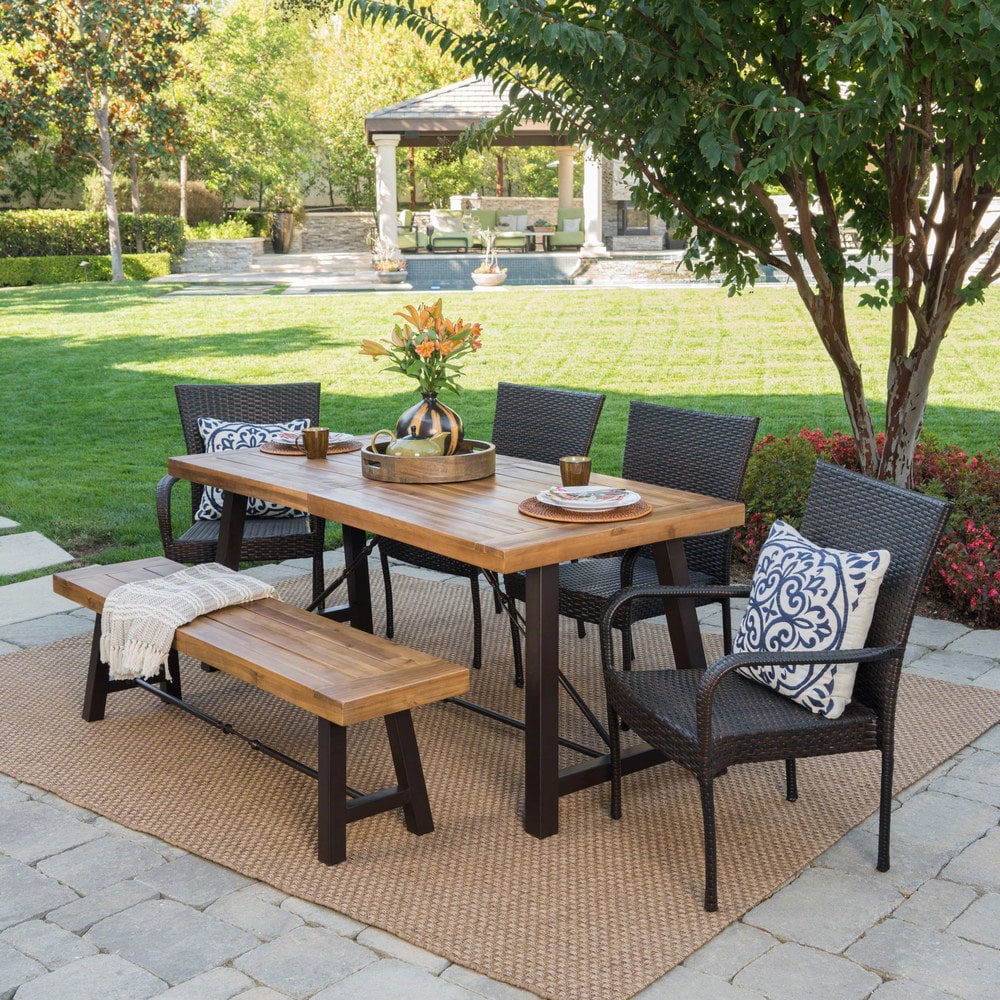 Salons Outdoor 6-Piece Rectangle Wicker Wood Patio Dining Set
