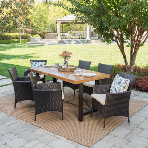 Torrens Outdoor 7-Piece Rectangle Wicker Wood Dining Set with Cushions by Christopher Knight Home