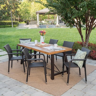 Spencer Outdoor 7-Piece Rectangle Wicker Wood Dining Set by Christopher Knight Home