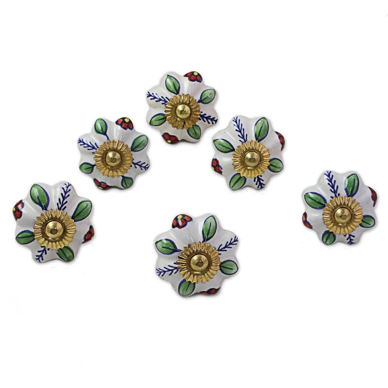 Ceramic cabinet knobs, 'Garden Glamour' (set of 6) (India)