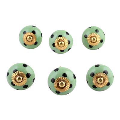 Ceramic knobs, 'Polka Dot Green' (set of 6) (India)
