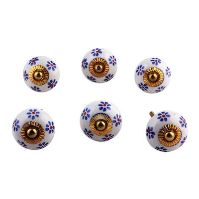 Ceramic knobs, 'Petite Blue Flowers' (set of 6) (India)