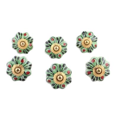 Ceramic knobs, 'Verdant Petals' (set of 6) (India)