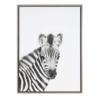 Kate and Laurel Sylvie Baby Zebra Black and White Portrait 23x33 Gray Framed Canvas Wall Art by Simon Te Tai