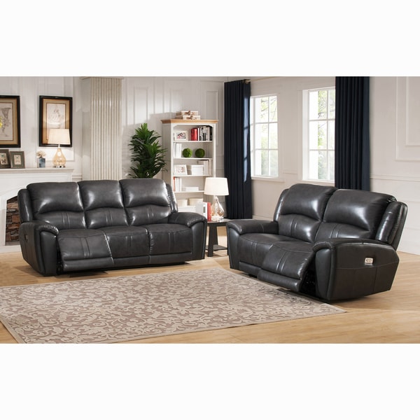 Shop Ari Grey Top Grain Leather Power Reclining Sofa and Loveseat - On ...