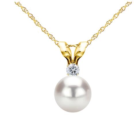 DaVonna 14k Gold 7-7.5mm Japanese Akoya Cultured Pearl .05 CTTW Diamond Chain Pendant Necklace 18 inch