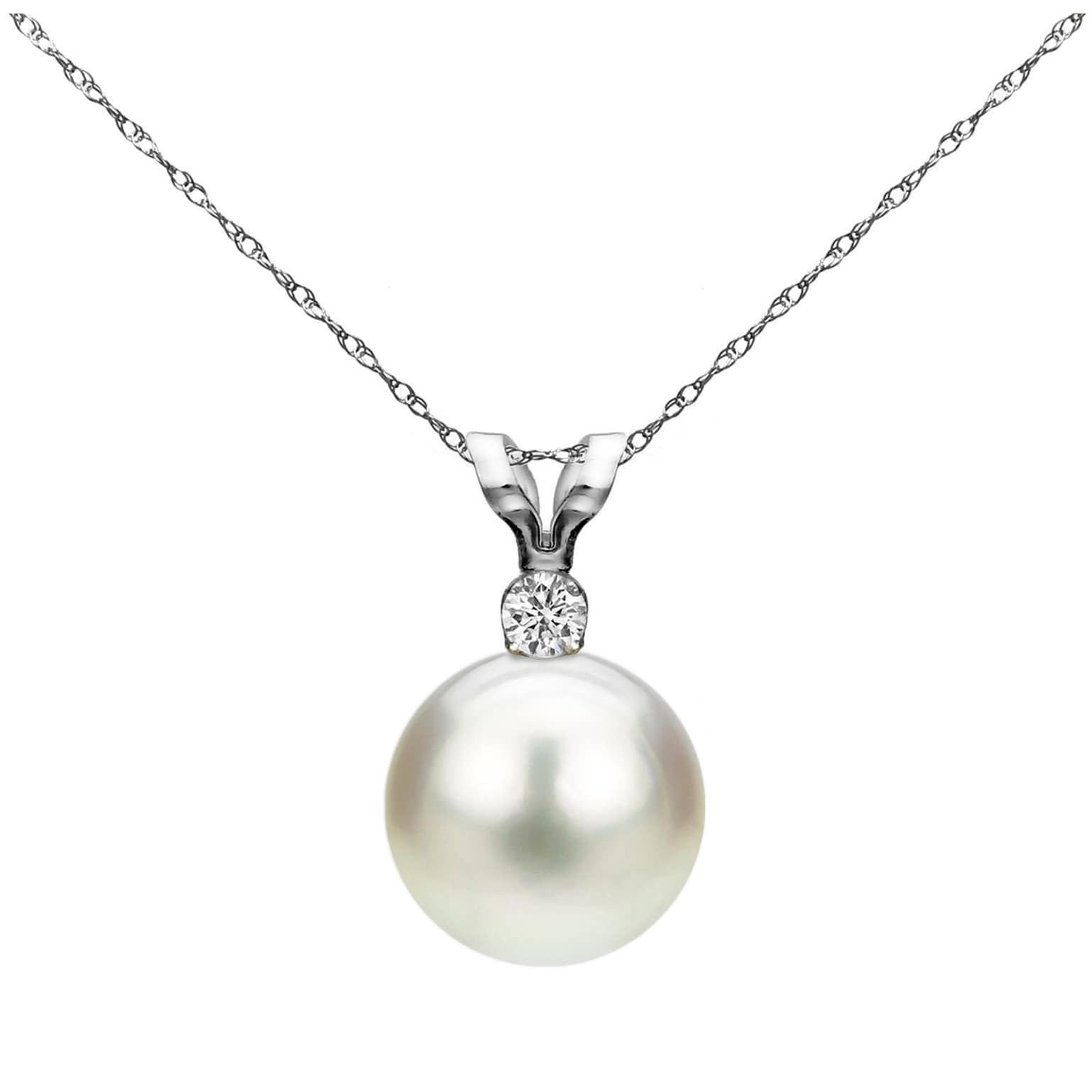DaVonna 14k White Gold 6-6.5mm Freshwater Cultured Pearl .01 CTTW Diamond Chain Pendant Necklace 18 inch