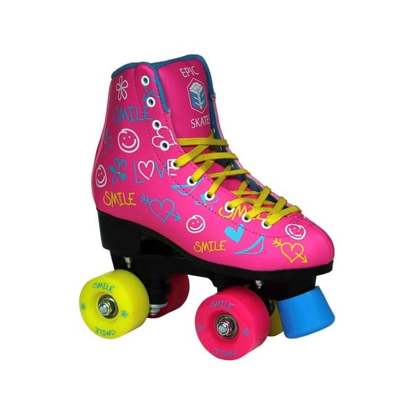 Epic Splash High-Top Indoor Womens Outdoor Quad Roller Skates w/ 2 pr of Laces Pink & Yellow 