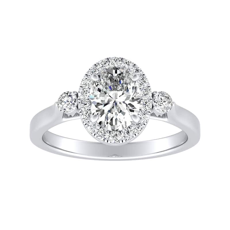 3-stone Halo Oval Diamond Engagement Ring 1ctw 18k Gold by Auriya (I-J, I1-I2) - 7.5 - White