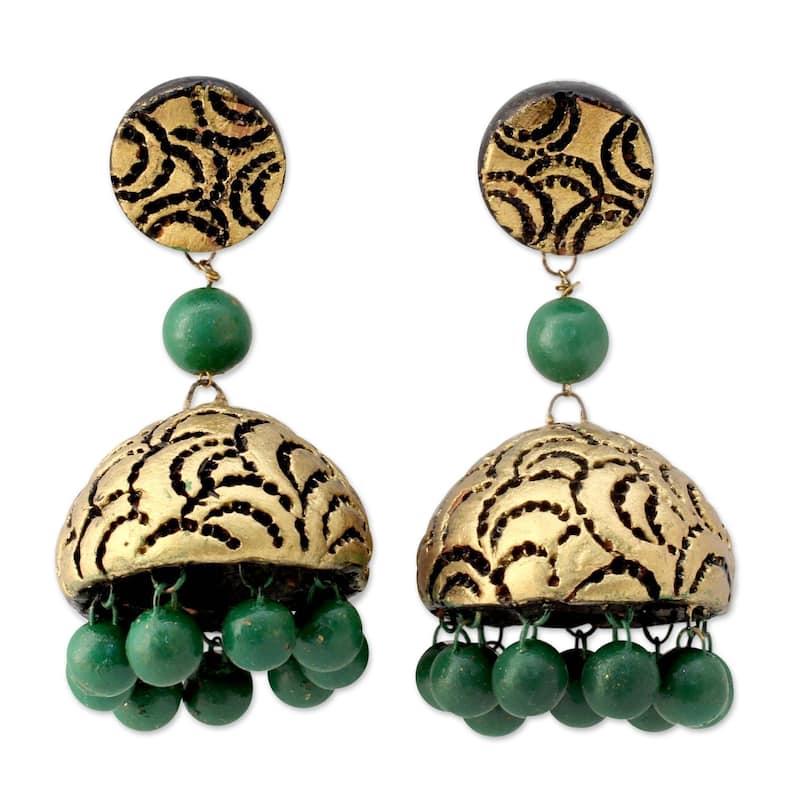 Handmade Sterling Silver Ceramic Golden Scallop Earrings (India) - 2*1 - 2*1 - Golden - Two-Tone