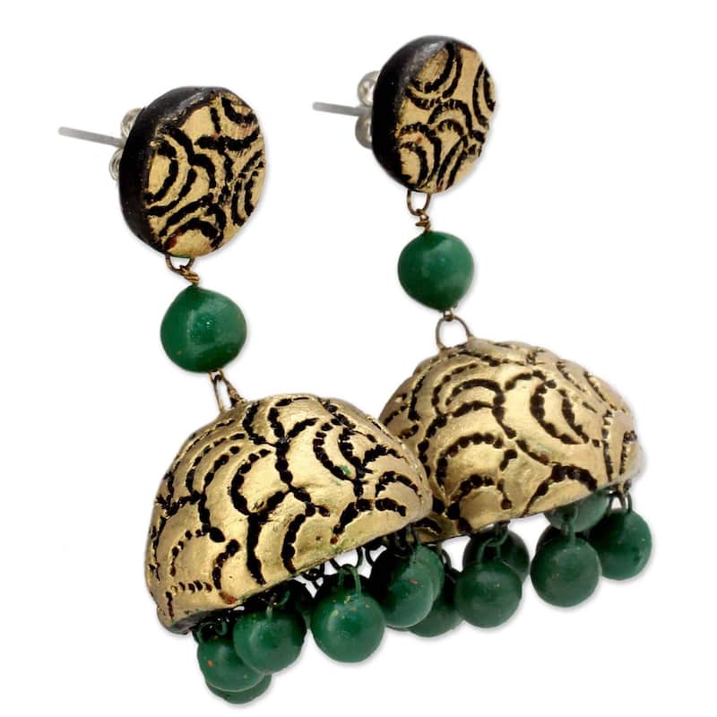 Handmade Sterling Silver Ceramic Golden Scallop Earrings (India) - 2*1